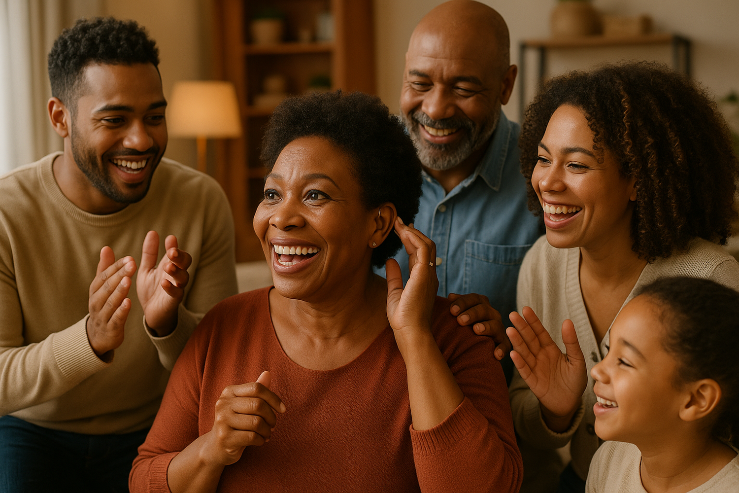 An African American woman between 45-55 years old trying on a hearing aid for the first time, surrounded by her joyful family celebrating this moment together
